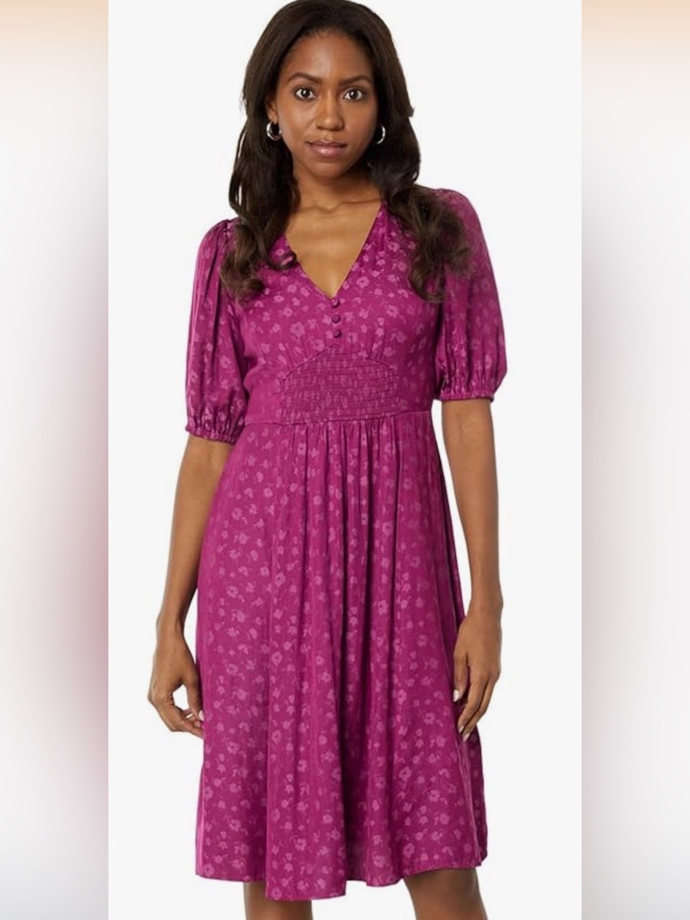 London Times Magenta Floral V-Neck Smocked Midi Dress